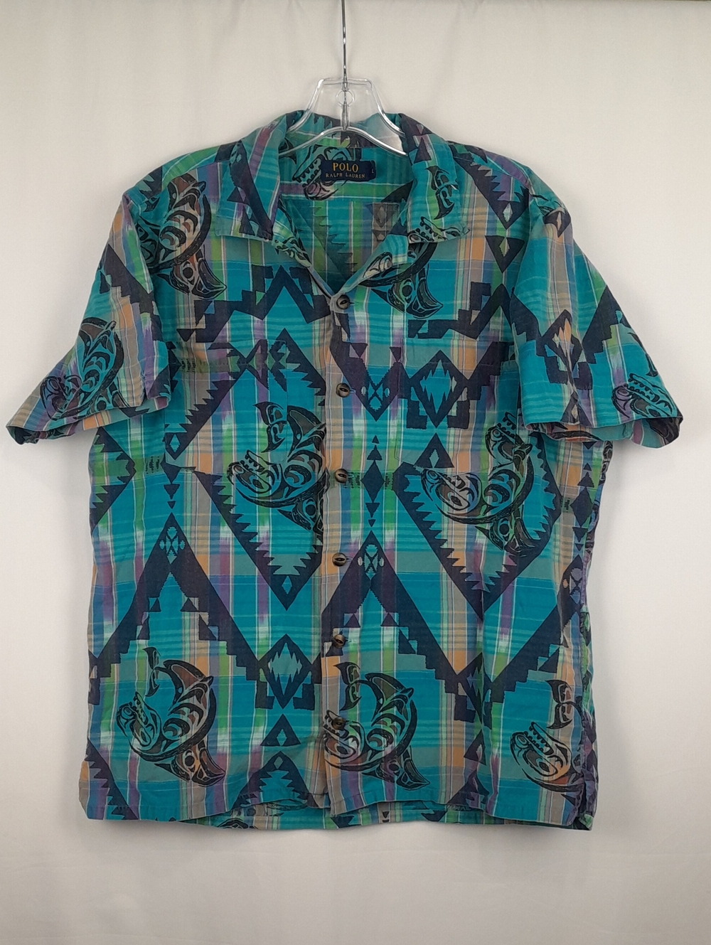 Polo Ralph Lauren Short Sleeve Island Shark Colorful Print Wooden Buttons Top